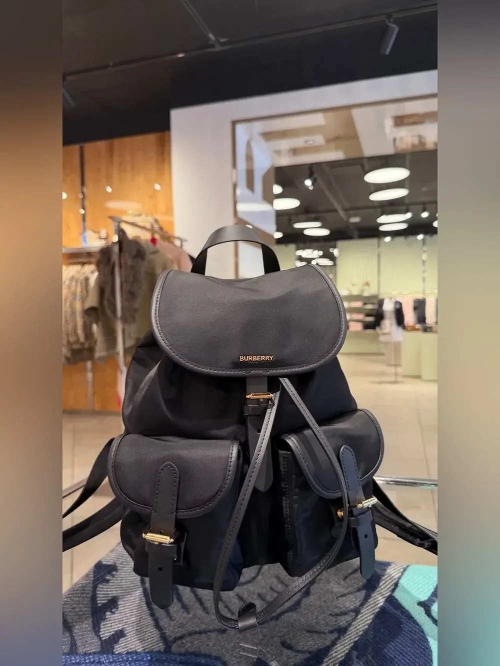 Burberry Black Nylon & Leather Backpack with check print